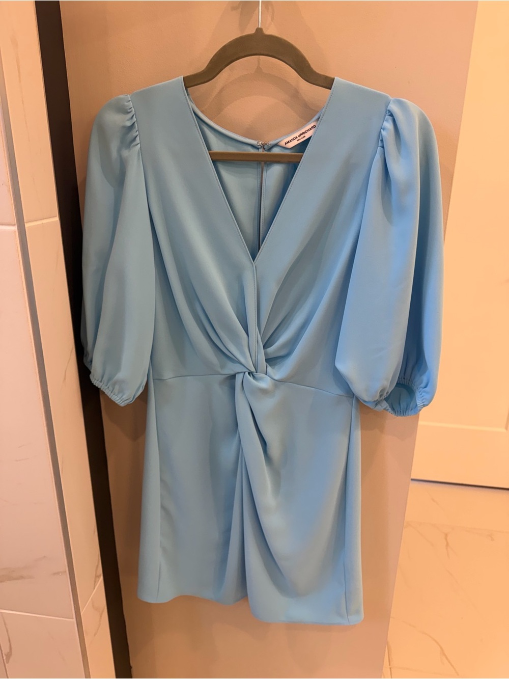 Amanda Uprichard Powder Blue Knot-Front Puff Sleeve Mini Dress